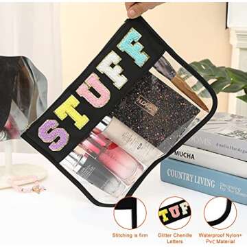 BCRMPT Chenille Letter Bag Clear Flat Pouch,Multi-purpose PVC&Nylon Clear Cosmetic Bags,Travel Makeu...