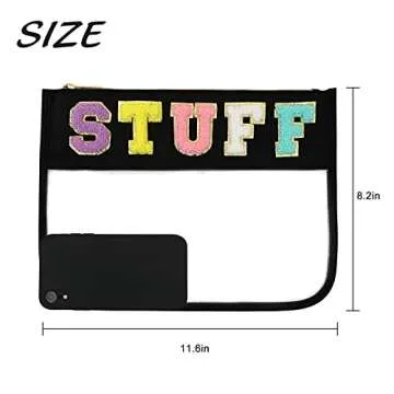BCRMPT Chenille Letter Bag Clear Flat Pouch,Multi-purpose PVC&Nylon Clear Cosmetic Bags,Travel Makeup Bag With Zipper For Women,Clear Pouches for Travel,Gym,Beach (Black-Stuff)