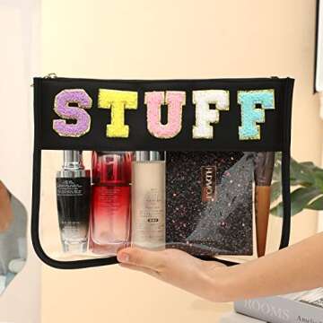 BCRMPT Chenille Letter Bag Clear Flat Pouch,Multi-purpose PVC&Nylon Clear Cosmetic Bags,Travel Makeup Bag With Zipper For Women,Clear Pouches for Travel,Gym,Beach (Black-Stuff)