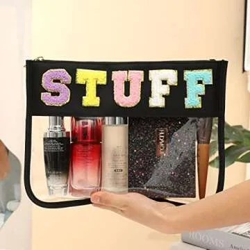 BCRMPT Chenille Letter Bag Clear Flat Pouch,Multi-purpose PVC&Nylon Clear Cosmetic Bags,Travel Makeup Bag With Zipper For Women,Clear Pouches for Travel,Gym,Beach (Black-Stuff)