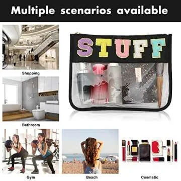 BCRMPT Chenille Letter Bag Clear Flat Pouch,Multi-purpose PVC&Nylon Clear Cosmetic Bags,Travel Makeup Bag With Zipper For Women,Clear Pouches for Travel,Gym,Beach (Black-Stuff)