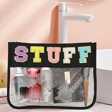BCRMPT Chenille Letter Bag Clear Flat Pouch,Multi-purpose PVC&Nylon Clear Cosmetic Bags,Travel Makeup Bag With Zipper For Women,Clear Pouches for Travel,Gym,Beach (Black-Stuff)
