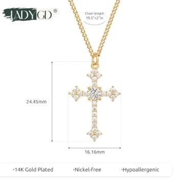 LADYGD Cross Necklace for Women Trendy 14K Gold Plated Cubic Zirconia Cross Pendant Necklaces Handmade Christian Everyday Jewelry Gifts for Women