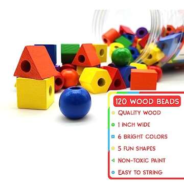 LMC Products Wooden Lacing Beads & Strings 125 Pieces, Fine Motor Skills Toys for 3 Year Old, Fine M...