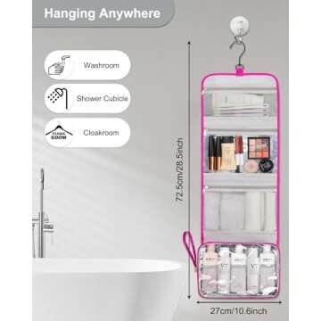 Relavel HangingTravel Toiletry Bag for Women, Large Capacity Toiletries Bag, Travel Essentials Organizer, Hanging Makeup Case for Accessories, Waterproof Bathroom Shower Bag (hot pink)