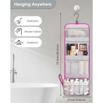 Relavel HangingTravel Toiletry Bag for Women, Large Capacity Toiletries Bag, Travel Essentials Organizer, Hanging Makeup Case for Accessories, Waterproof Bathroom Shower Bag (hot pink)