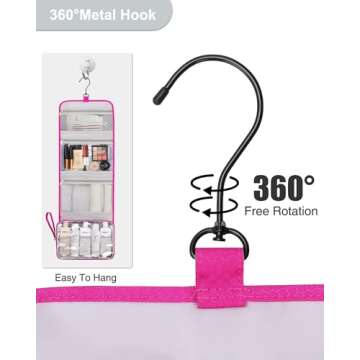 Relavel HangingTravel Toiletry Bag for Women, Large Capacity Toiletries Bag, Travel Essentials Organizer, Hanging Makeup Case for Accessories, Waterproof Bathroom Shower Bag (hot pink)