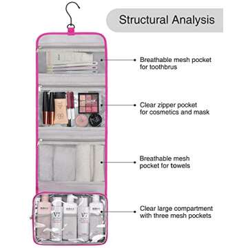Relavel HangingTravel Toiletry Bag for Women, Large Capacity Toiletries Bag, Travel Essentials Organizer, Hanging Makeup Case for Accessories, Waterproof Bathroom Shower Bag (hot pink)