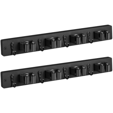 OUTNILI 2 Pack Black Mop Broom Holder Wall Mount - Rustic Wood Organizer for Garden Tools