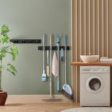 OUTNILI Wall Mount Mop Broom Organizer - 4 Slots & Hooks