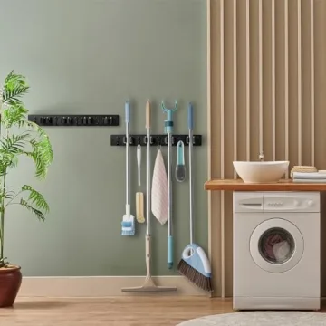 OUTNILI Wall Mount Mop Broom Organizer - 4 Slots & Hooks