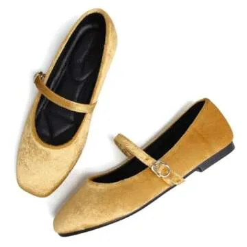 Stunner Velvet Flats for Women Women's Mary Jane Shoes Retro Square Toe Ballet Flats Comfortable Buckle Strap Flats Gold 42(9.5)