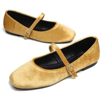 Stunner Velvet Flats for Women Women's Mary Jane Shoes Retro Square Toe Ballet Flats Comfortable Buckle Strap Flats Gold 42(9.5)