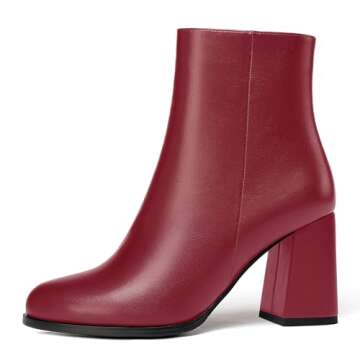 MERRORI Women's Zip Round Toe Ankle High Block Outdoor Matte Dress 3.3 Inch High Heel Boots Burgundy...