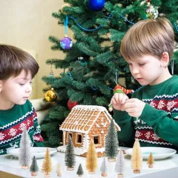 Geetery 25 Pieces Christmas Trees Artificial Pine Trees Sisal Trees Bottle Brush Trees with Wood Base for Christmas Party Home Table Village Craft Decorations (Multi Color)