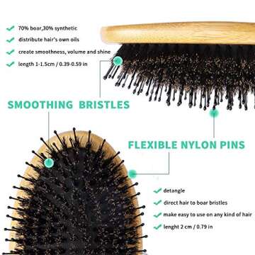 Natural Boar Bristle Wooden Bamboo Paddle Brush - Best Detangler for Women & Men's Curly and Thick Hair, Anti-Static, Reduces Hair Breakage