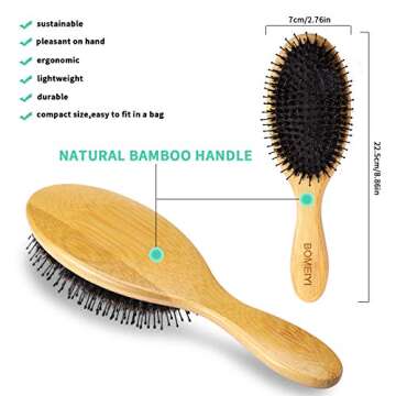 Natural Boar Bristle Wooden Bamboo Paddle Brush - Best Detangler for Women & Men's Curly and Thick Hair, Anti-Static, Reduces Hair Breakage