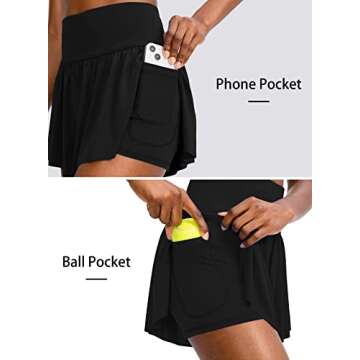 Flowy Running Shorts for Women with 4 Pockets 2 in 1 High Waisted Women's Butterfly Workout Athletic Tennis Skirt Shorts (Black, Medium)