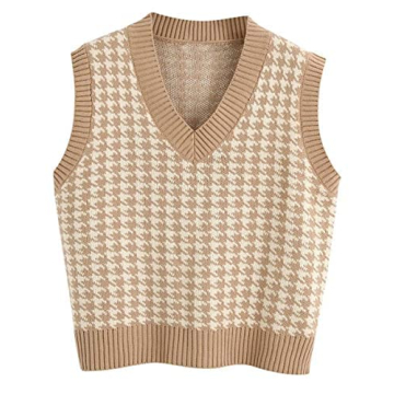 Sdencin Women Houndstooth Pattern Knit Sweater Vest Sleeveless Loose V-Neck 90s Waistcoat Pullover K...