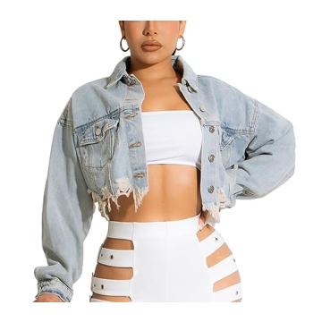 HTD Women's Cropped Jean Jacket | Stylish Distressed Denim Jacket for Versatile Looks