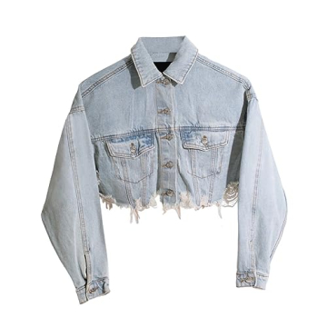 HTD Cropped Jean Jacket for Women - Ripped Distressed Denim