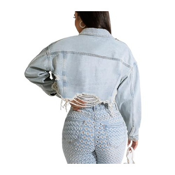 HTD Cropped Jean Jacket for Women - Ripped Distressed Denim