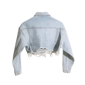 HTD Cropped Jean Jacket for Women - Ripped Distressed Denim