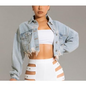 HTD Cropped Jean Jacket for Women - Ripped Distressed Denim
