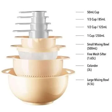Table Concept Mixing Bowls Set with Measuring Cups and Spoons Set, Sieve Sifter Colander Strainer, Food Storage Bowls - 8 Piece Kitchen Accessories Set