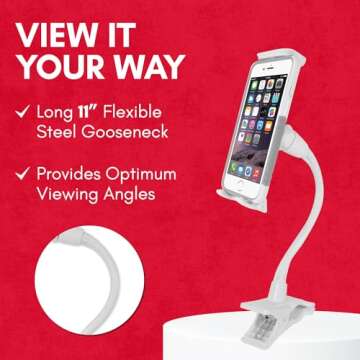 Macally Clip On Tablet Holder | Gooseneck iPad Holder for Bed, Stroller, Airplane, Desk (Universal Tablet Compatibility) Strong and Secure iPad Arm Mount, Tablet Clamp Mount, Kindle Holder