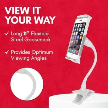 Macally Clip On Tablet Holder | Gooseneck iPad Holder for Bed, Stroller, Airplane, Desk (Universal Tablet Compatibility) Strong and Secure iPad Arm Mount, Tablet Clamp Mount, Kindle Holder