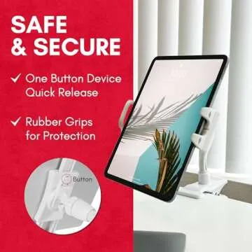 Macally Clip On Tablet Holder | Gooseneck iPad Holder for Bed, Stroller, Airplane, Desk (Universal Tablet Compatibility) Strong and Secure iPad Arm Mount, Tablet Clamp Mount, Kindle Holder