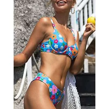 BIKINX Sexy High Cut Blue Floral Bikini Sets Underwire Swimsuits for Women Push Up 2 Piece Bathing S...