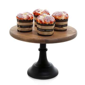 MyGift 12-Inch Round Burnt Brown Wooden Cake and Dessert Pedestal Display Stand with Black Base for Wedding, Birthday Party and Everyday