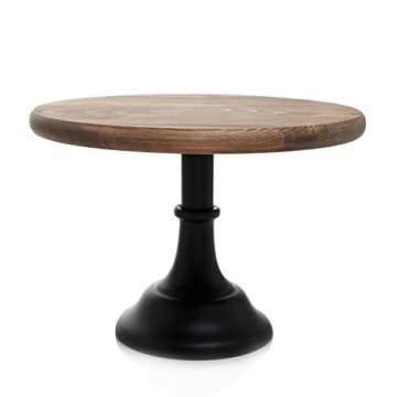MyGift 12-Inch Round Burnt Brown Wooden Cake and Dessert Pedestal Display Stand with Black Base for Wedding, Birthday Party and Everyday