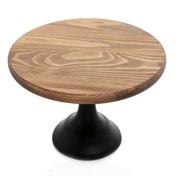 MyGift 12-Inch Round Burnt Brown Wooden Cake and Dessert Pedestal Display Stand with Black Base for Wedding, Birthday Party and Everyday