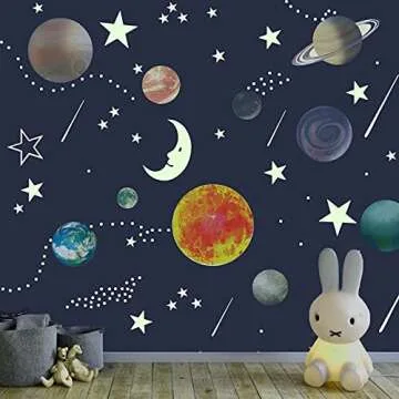 Blue Glow in The Dark Solar System Wall Decals,158 pcs Ceiling Light Stars and Moon Decoration, Plan...