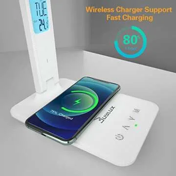 Juylux Desk Lamp, LED Desk Lamp Eye-Caring with Wireless Charger Support Fast Charging, Memory Function, Reduce Light Pollution, Phone Holder, Adjustable Foldable Reading Table Light for Home, Office