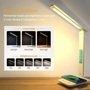 Juylux Desk Lamp, LED Desk Lamp Eye-Caring with Wireless Charger Support Fast Charging, Memory Function, Reduce Light Pollution, Phone Holder, Adjustable Foldable Reading Table Light for Home, Office
