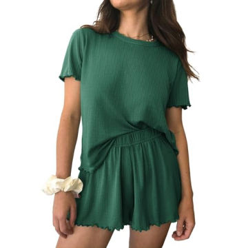 Ekouaer Women's Pajamas 2 Piece Ribbed Knit Pjs Short Sleeve Sleepwear Set Summer Soft Pajamas Set C...