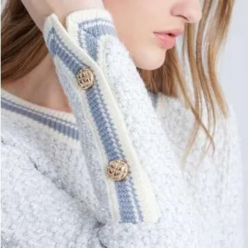 URBAN REVIVO Womens Knit Cardigan Sweaters Casual Open Front Button Down Long Sleeve Cropped Tweed Jacket Trendy 2025 Blue，Small