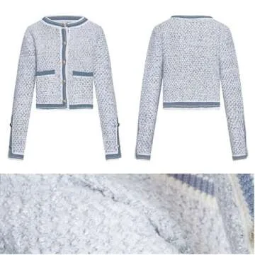 URBAN REVIVO Womens Knit Cardigan Sweaters Casual Open Front Button Down Long Sleeve Cropped Tweed Jacket Trendy 2025 Blue，Small