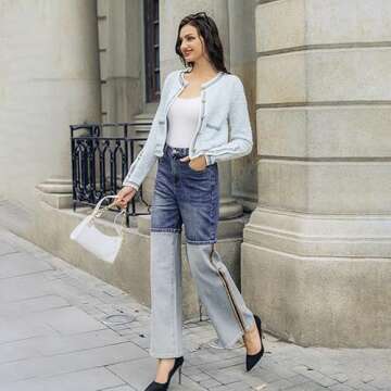 URBAN REVIVO Womens Knit Cardigan Sweaters Casual Open Front Button Down Long Sleeve Cropped Tweed Jacket Trendy 2025 Blue，Small