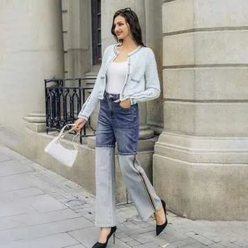 URBAN REVIVO Womens Knit Cardigan Sweaters Casual Open Front Button Down Long Sleeve Cropped Tweed Jacket Trendy 2025 Blue，Small