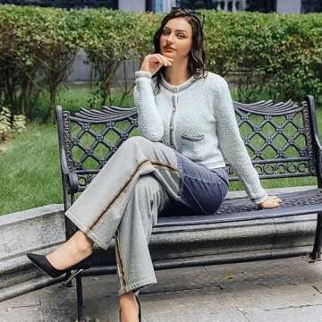 URBAN REVIVO Womens Knit Cardigan Sweaters Casual Open Front Button Down Long Sleeve Cropped Tweed Jacket Trendy 2025 Blue，Small