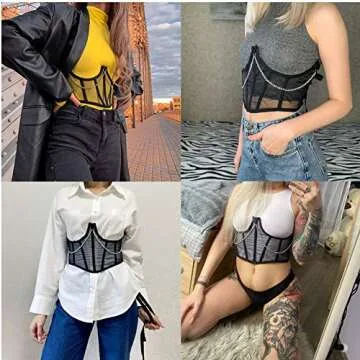 JUMISEE Women See Through Mesh Lace Up Bustier Corset Metal Chain Boned Overbust Waist Cincher Wide Belt