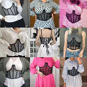 JUMISEE Women See Through Mesh Lace Up Bustier Corset Metal Chain Boned Overbust Waist Cincher Wide Belt