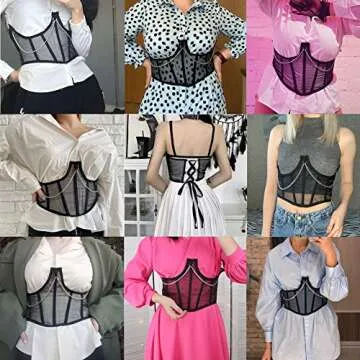 JUMISEE Women See Through Mesh Lace Up Bustier Corset Metal Chain Boned Overbust Waist Cincher Wide Belt