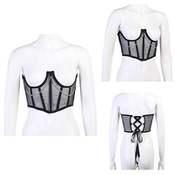 JUMISEE Women See Through Mesh Lace Up Bustier Corset Metal Chain Boned Overbust Waist Cincher Wide Belt