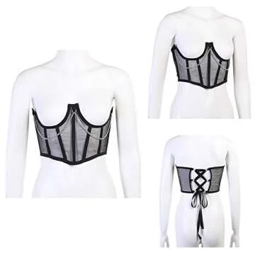 JUMISEE Women See Through Mesh Lace Up Bustier Corset Metal Chain Boned Overbust Waist Cincher Wide Belt